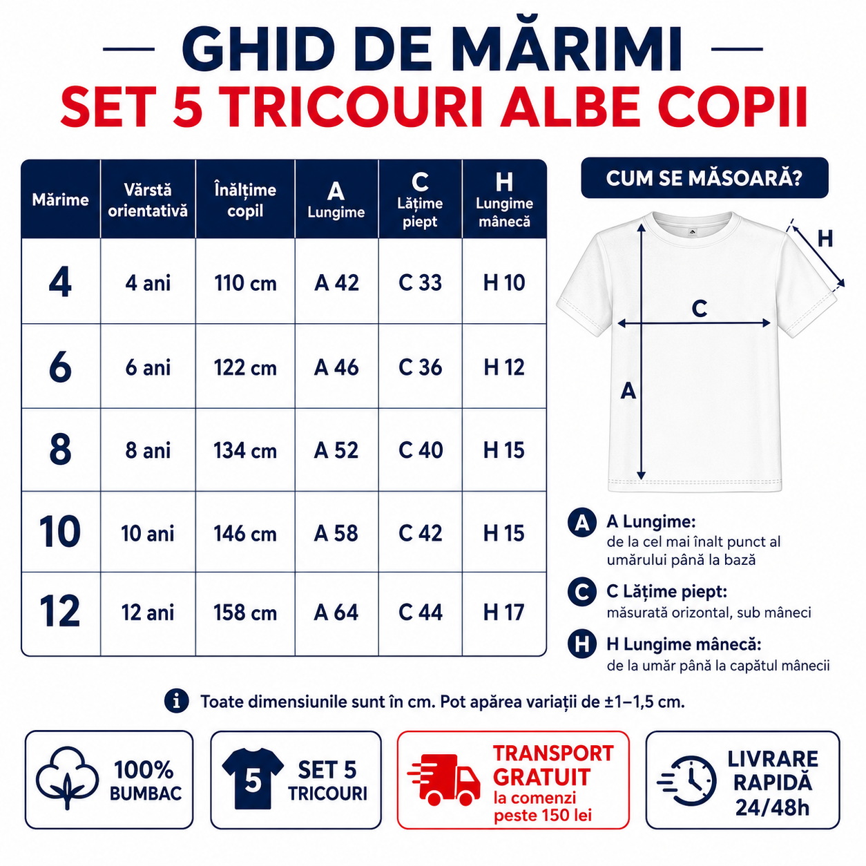 Set 5 tricouri albe pentru copii din bumbac 100%, mărimi 4 6 8 10 12 ani, calitate garantată